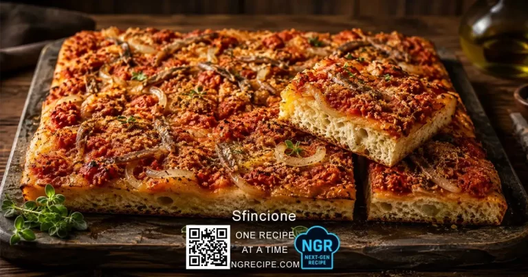 Traditional Sicilian sfincione with tomato, onions, anchovies, caciocavallo cheese, breadcrumbs, and oregano on a thick airy crust