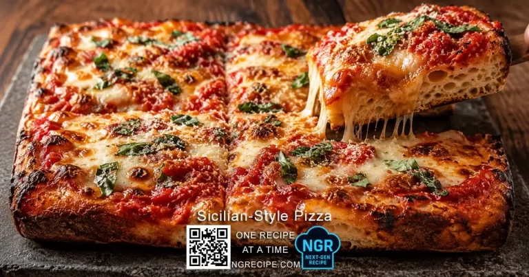 Thick Sicilian-style pizza with tomato sauce, melted mozzarella, basil, and a lifted square slice showing the airy crust
