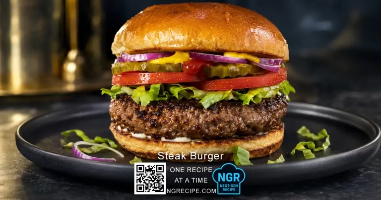 Close-up of a homemade American steak burger with a seared beef patty, lettuce, tomato, red onion and pickles in a toasted bun.