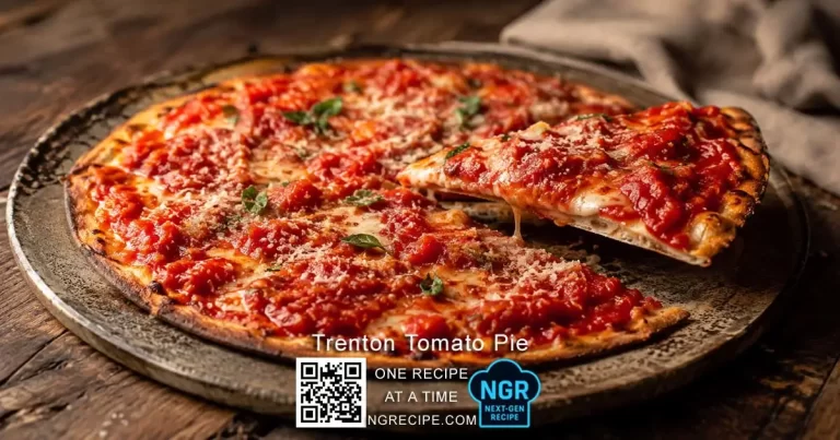Thin-crust Trenton tomato pie with chunky tomato topping, melted cheese, and a crisp edge on a rustic stone plate.